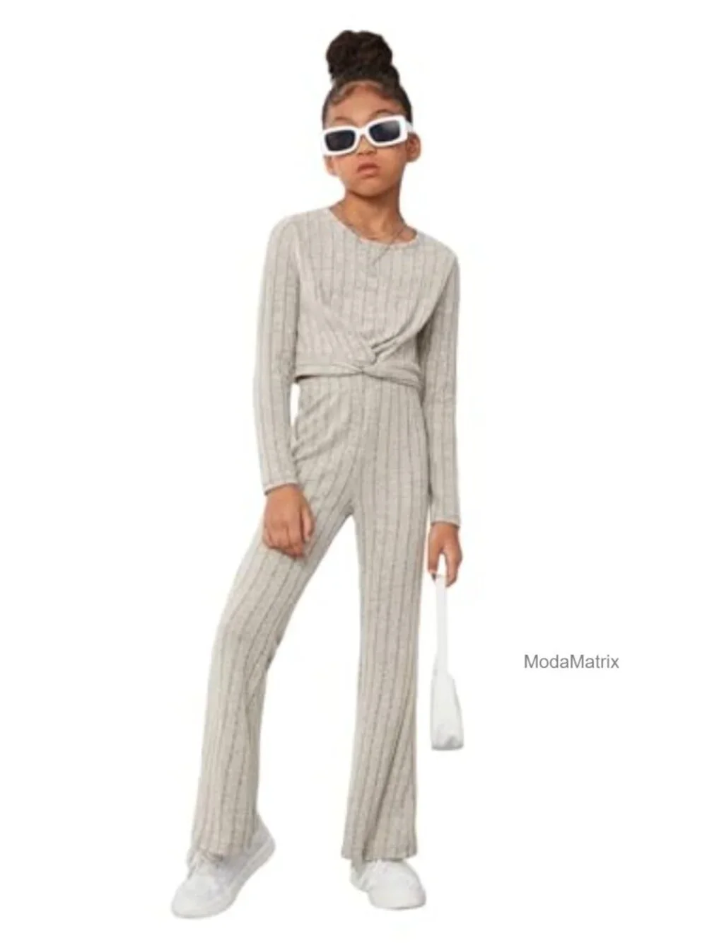 2pc Ribbed Knit Crewneck Tee & Flare Leg Pants Set